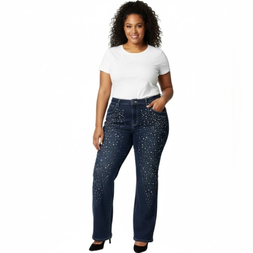 Ashley Stewart Rhinestone Jeans Womens Plus Size 18W Blue Denim Embellished